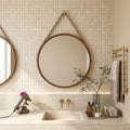 Ivory / Light Travertine 1x1 Cream Filled & Honed Mosaic — Bathroom shower wall