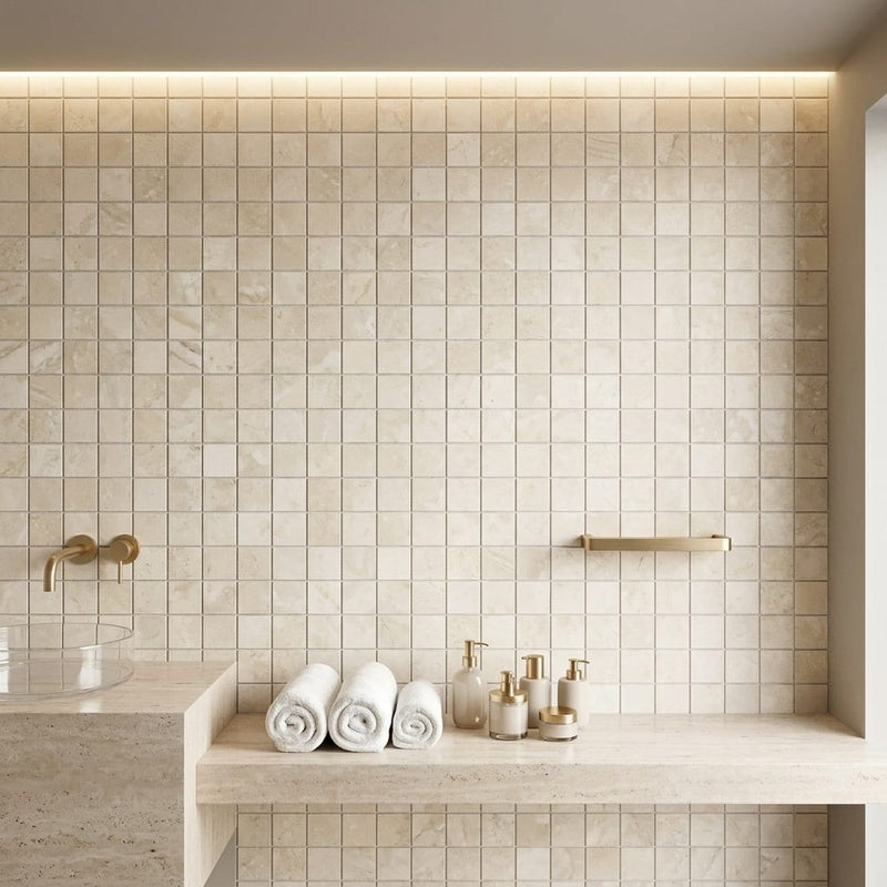Ivory / Light Travertine 1x1 Cream Filled & Honed Mosaic — Spa spa interior