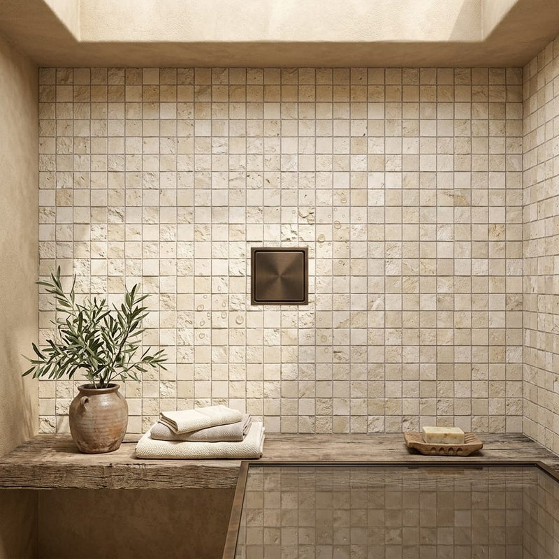 Ivory / Light Travertine 1x1 Cream Split-faced (Hi-Low) Mosaic — Bathroom shower floor
