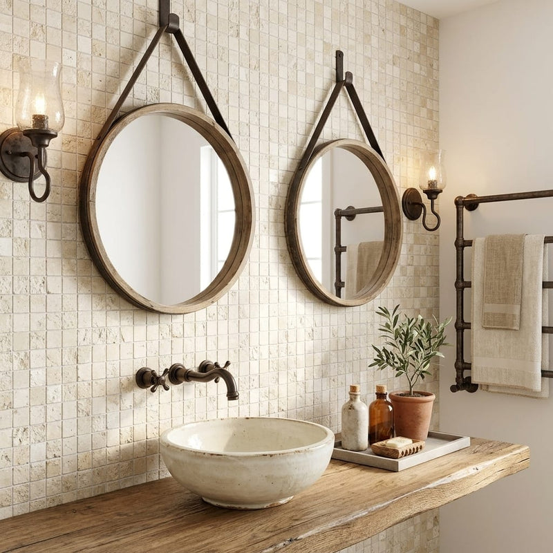 Ivory / Light Travertine 1x1 Cream Split-faced (Hi-Low) Mosaic — Bathroom shower wall