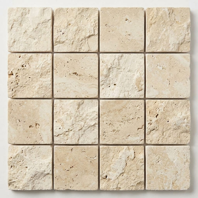 Ivory / Light Travertine 1x1 Cream Split-faced (Hi-Low) Mosaic close-up