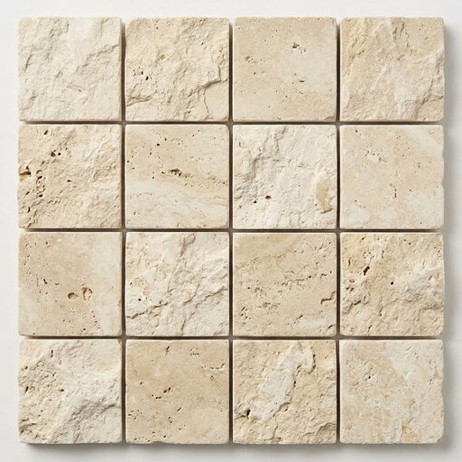 Ivory / Light Travertine 1x1 Cream Split-faced (Hi-Low) Mosaic close-up