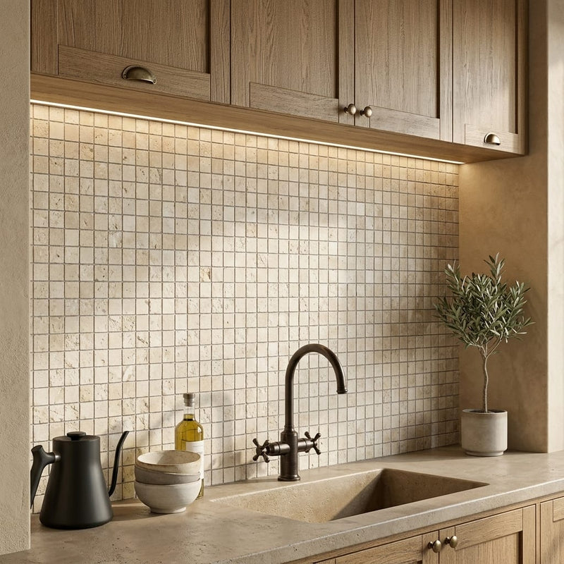 Ivory / Light Travertine 1x1 Cream Split-faced (Hi-Low) Mosaic — Kitchen backsplash