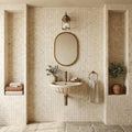 Ivory / Light Travertine 1x1 Cream Split-faced (Hi-Low) Mosaic — Powder Room wall