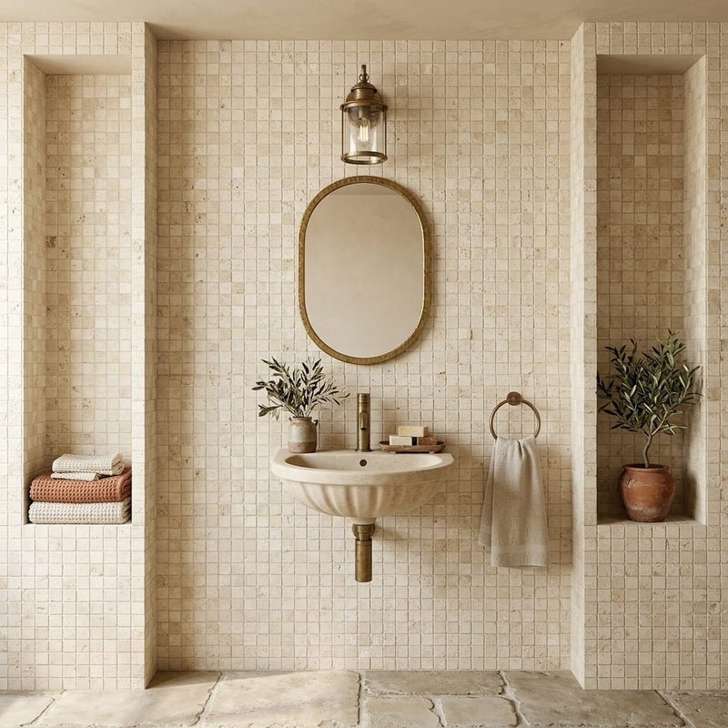 Ivory / Light Travertine 1x1 Cream Split-faced (Hi-Low) Mosaic — Powder Room wall