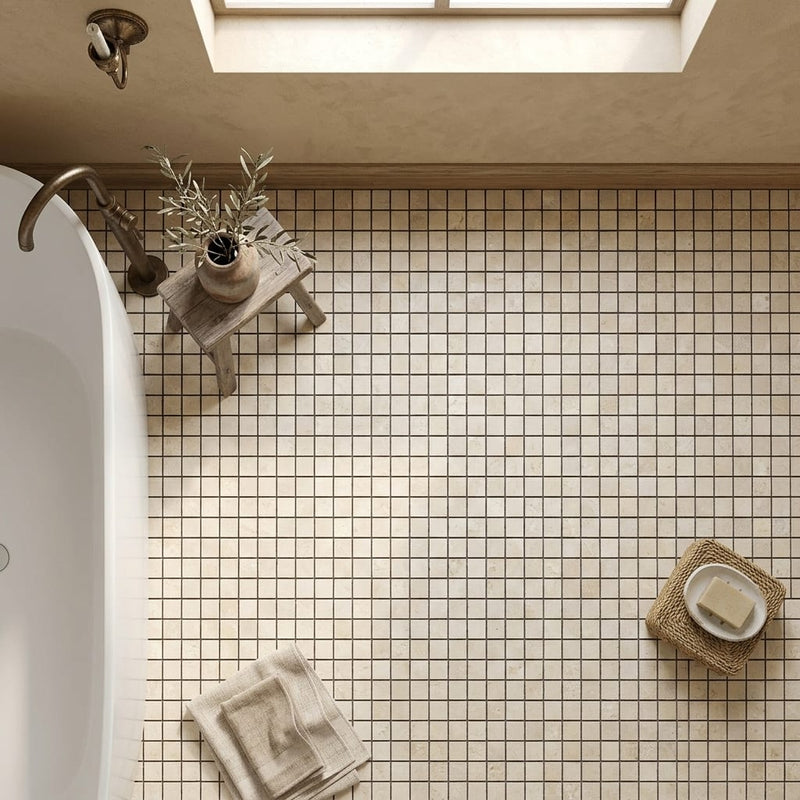 Ivory / Light Travertine 1x1 Cream Split-faced Mosaic — Bathroom floor