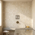 Ivory / Light Travertine 1x1 Cream Split-faced Mosaic — Bathroom shower floor