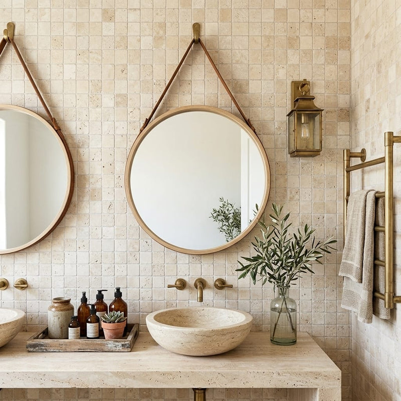 Ivory / Light Travertine 1x1 Cream Split-faced Mosaic — Bathroom shower wall