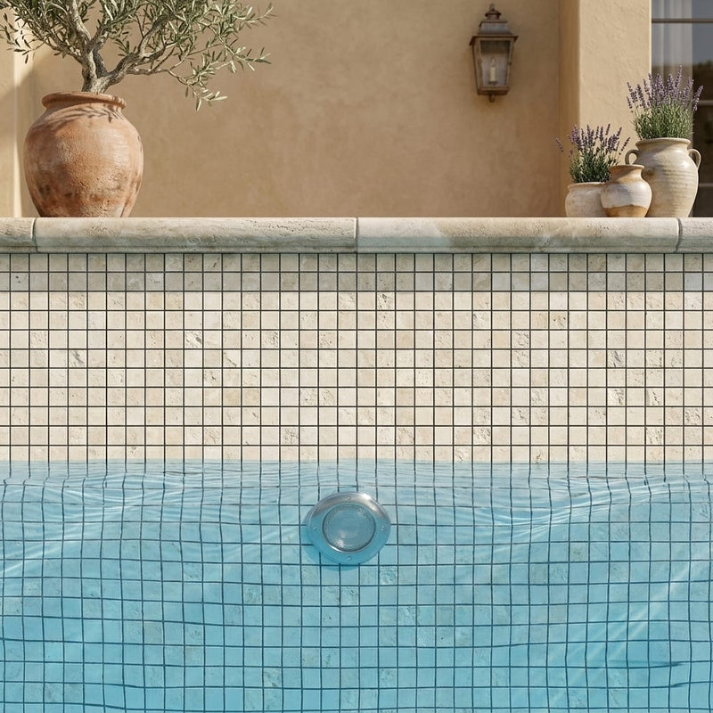 Ivory / Light Travertine 1x1 Cream Split-faced Mosaic — Swimming Pool pool interior tiling