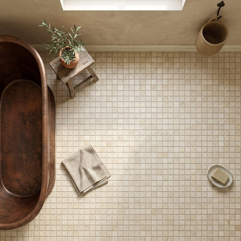 Ivory / Light Travertine 1x1 Cream Tumbled Mosaic — Bathroom floor