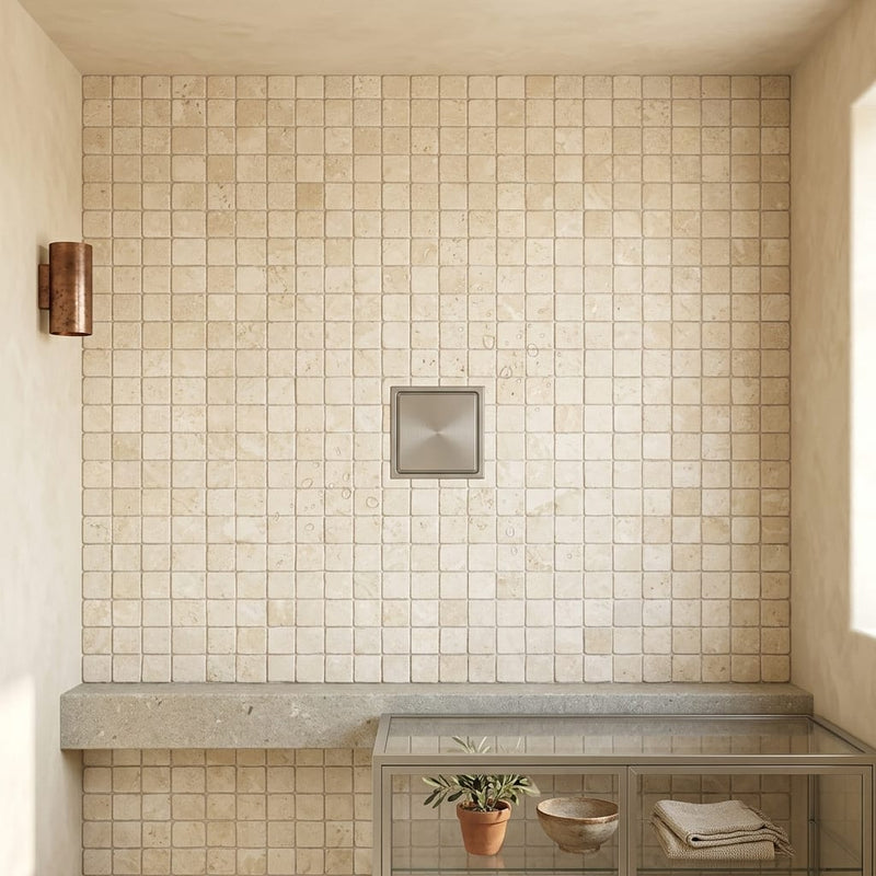 Ivory / Light Travertine 1x1 Cream Tumbled Mosaic — Bathroom shower floor