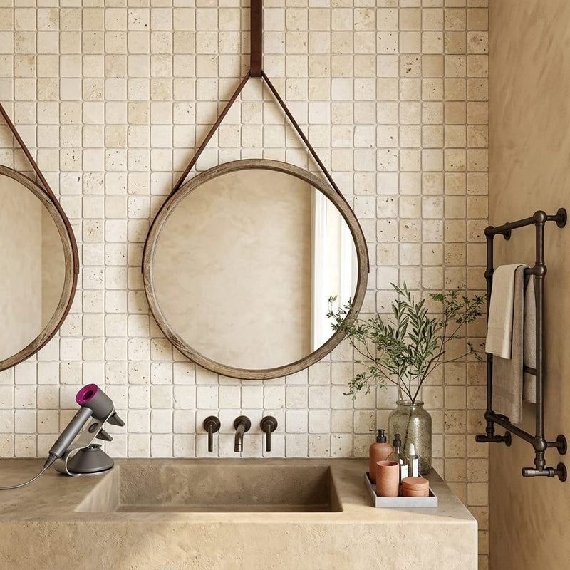 Ivory / Light Travertine 1x1 Cream Tumbled Mosaic — Bathroom shower wall