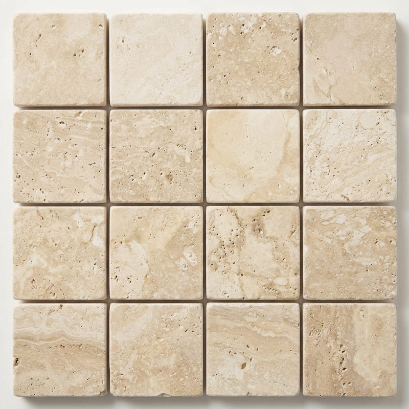 Ivory / Light Travertine 1x1 Cream Tumbled Mosaic close-up