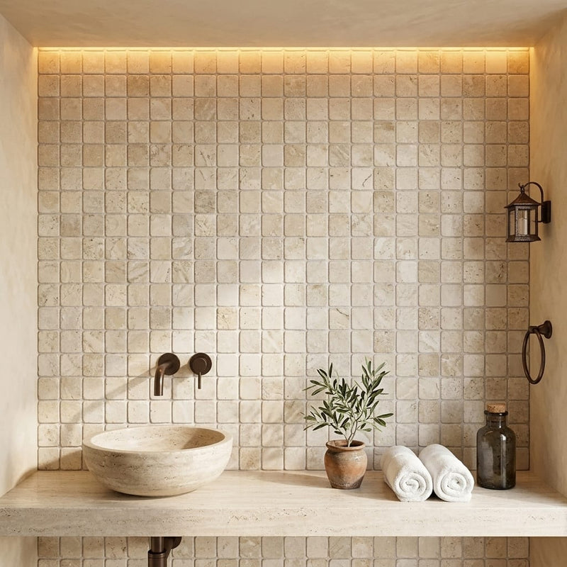 Ivory / Light Travertine 1x1 Cream Tumbled Mosaic — Spa spa interior