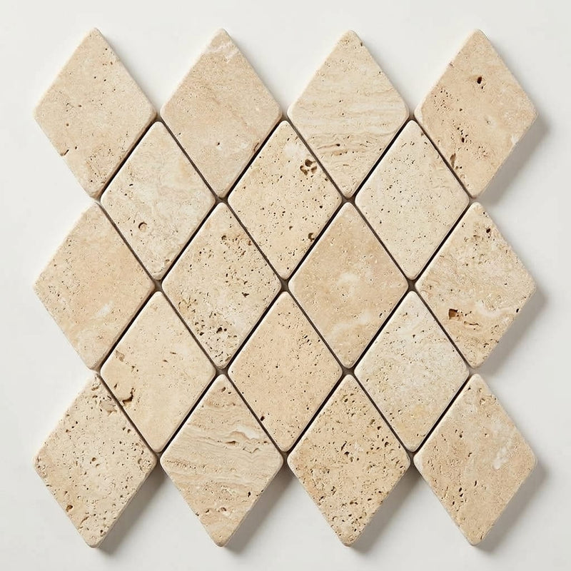 Ivory / Light Travertine 1x2 Cream Tumbled Diamond / Rhomboid Mosaic close-up