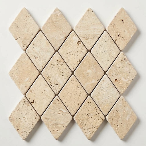 Ivory / Light Travertine 1x2 Cream Tumbled Diamond / Rhomboid Mosaic close-up