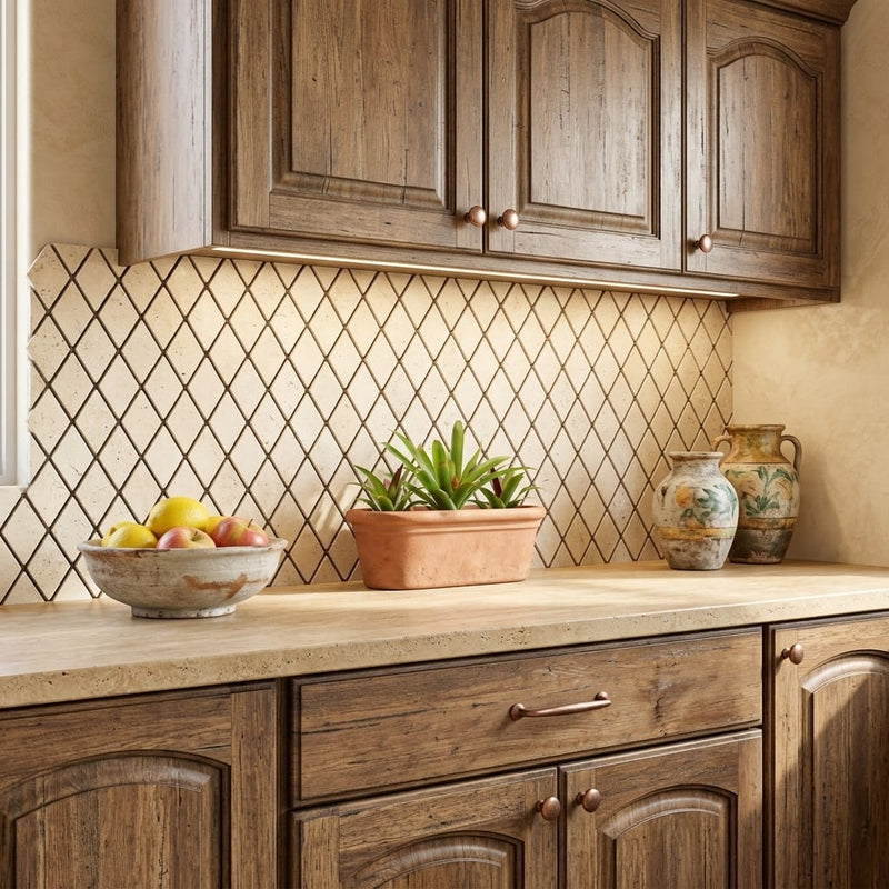Ivory / Light Travertine 1x2 Cream Tumbled Diamond / Rhomboid Mosaic — Kitchen backsplash