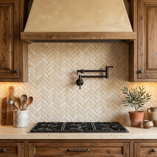 Ivory / Light Travertine 1x2 Cream Tumbled Herringbone Mosaic — Kitchen backsplash