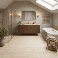 Ivory / Light Travertine 12x12 Cream Filled & Honed Tile — Bathroom floor