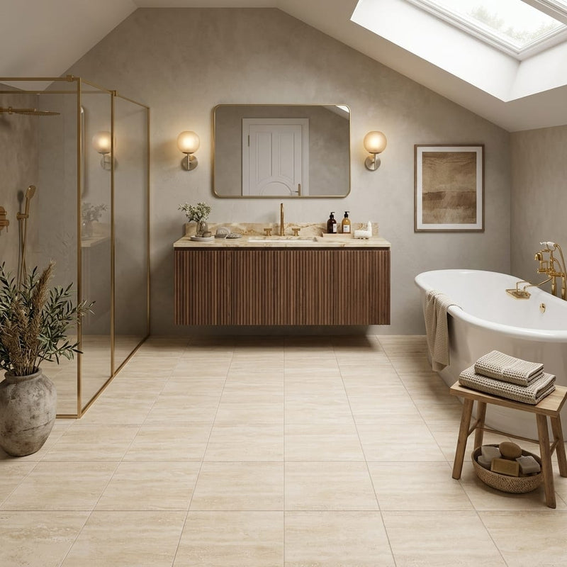 Ivory / Light Travertine 12x12 Cream Filled & Honed Tile — Bathroom floor
