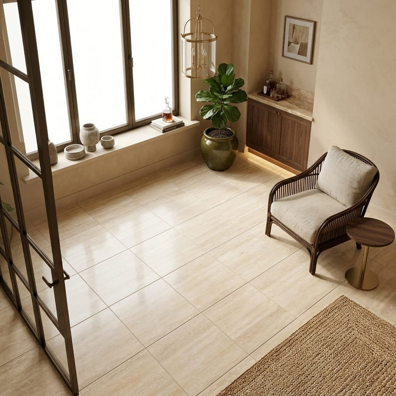 Ivory / Light Travertine 12x12 Cream Filled & Honed Tile — Sunroom floor