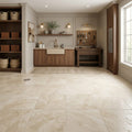 Ivory / Light Travertine 12x12 Cream Filled & Honed Tile — Basement floor