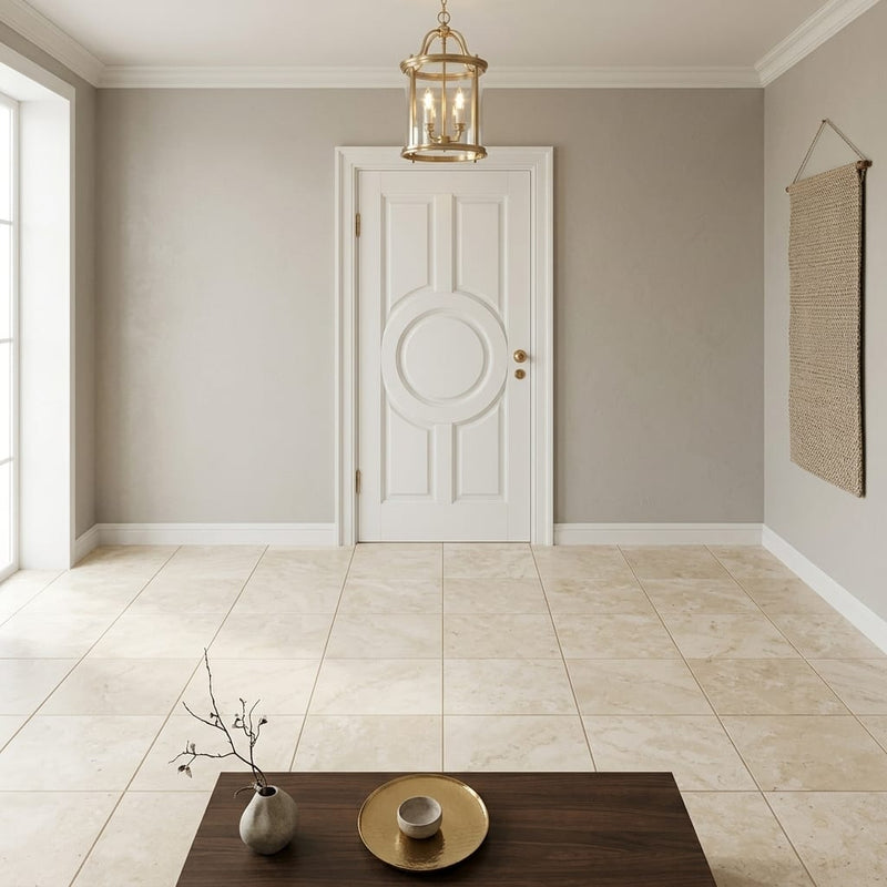 Ivory / Light Travertine 12x12 Cream Filled & Honed Tile — Hallway floor