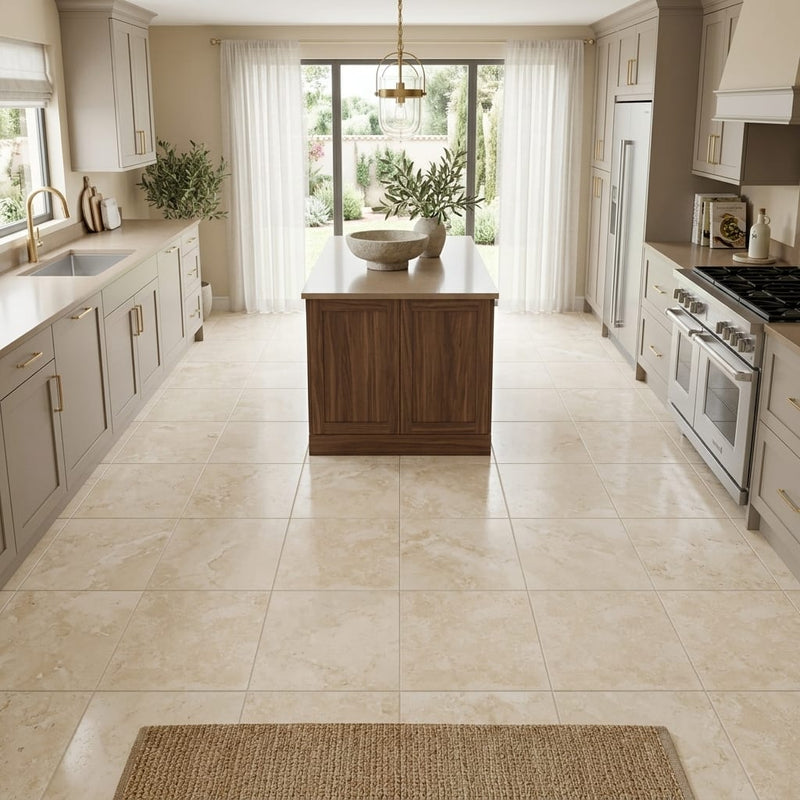 Ivory / Light Travertine 12x12 Cream Filled & Honed Tile — Kitchen floor