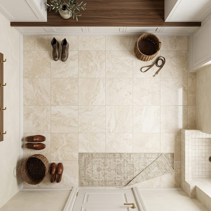 Ivory / Light Travertine 12x12 Cream Filled & Honed Tile — Mudroom floor