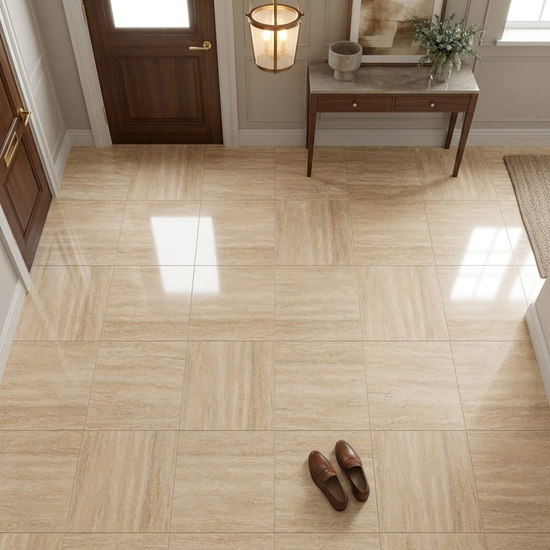Ivory / Light Travertine 12x12 Cream Filled & Polished Tile — Foyer floor