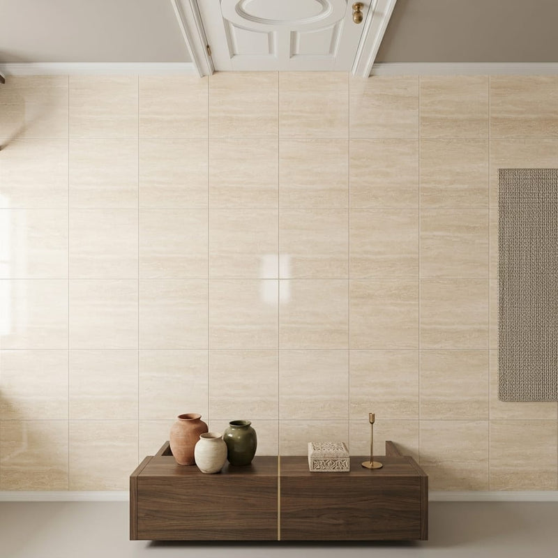 Ivory / Light Travertine 12x12 Cream Filled & Polished Tile — Hallway floor