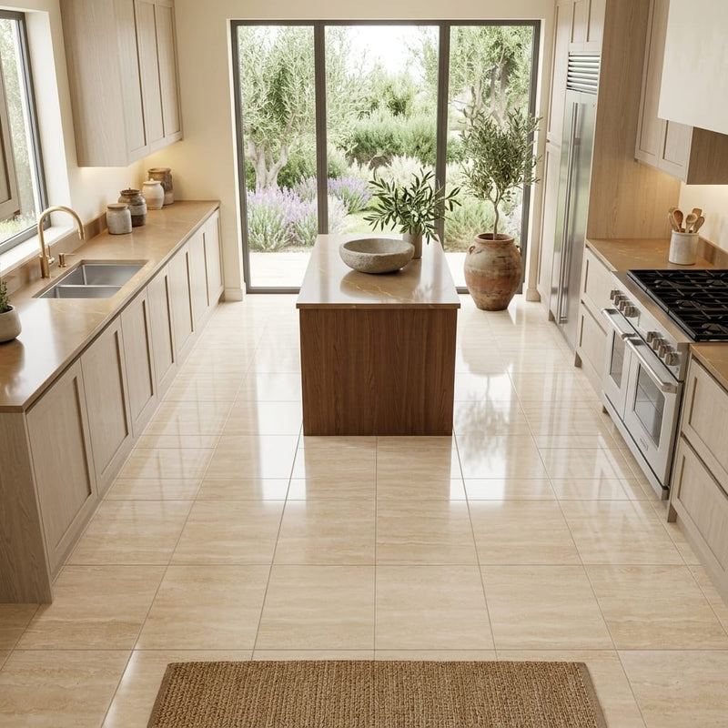 Ivory / Light Travertine 12x12 Cream Filled & Polished Tile — Kitchen floor