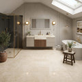 Ivory / Light Travertine 12x12 Cream Filled & Polished Tile — Bathroom floor