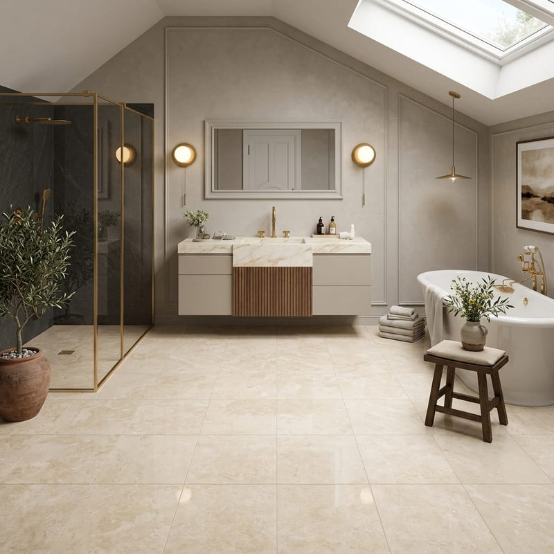 Ivory / Light Travertine 12x12 Cream Filled & Polished Tile — Bathroom floor