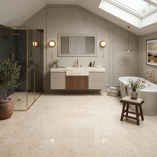 Ivory / Light Travertine 12x12 Cream Filled & Polished Tile — Bathroom floor