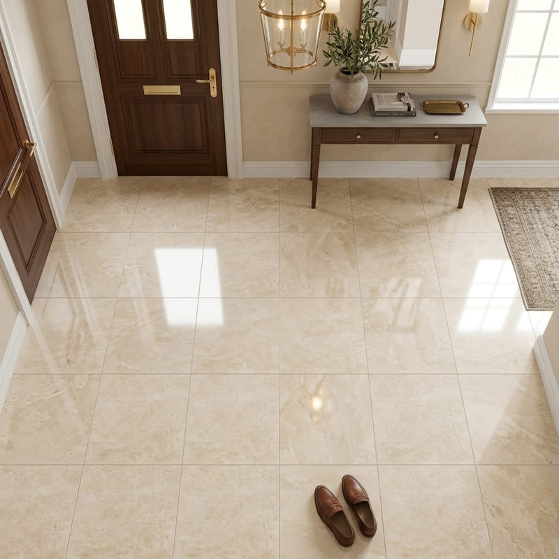 Ivory / Light Travertine 12x12 Cream Filled & Polished Tile — Foyer floor