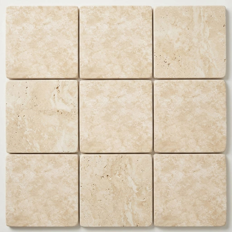 Ivory / Light Travertine 12x12 Cream Tumbled Tile close-up