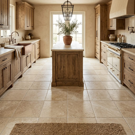 Ivory / Light Travertine 12x12 Cream Tumbled Tile — Kitchen floor