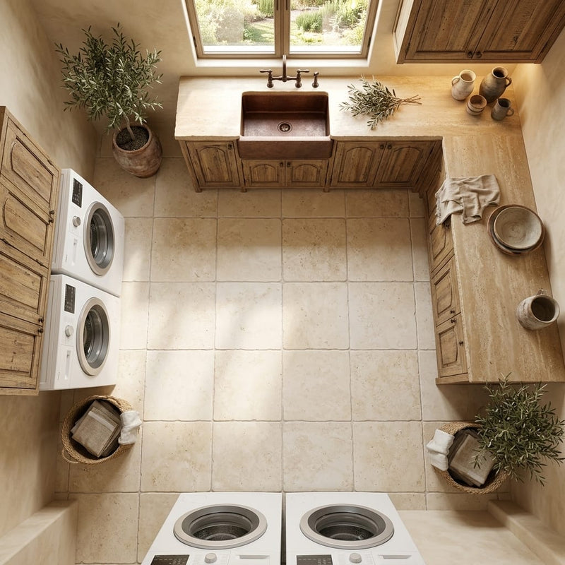 Ivory / Light Travertine 12x12 Cream Tumbled Tile — Laundry Room floor