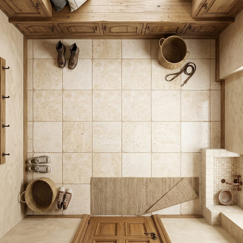 Ivory / Light Travertine 12x12 Cream Tumbled Tile — Mudroom floor