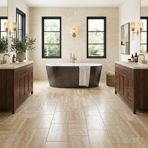 Ivory / Light Travertine 12x24 Cream Filled & Honed Tile — Bathroom floor