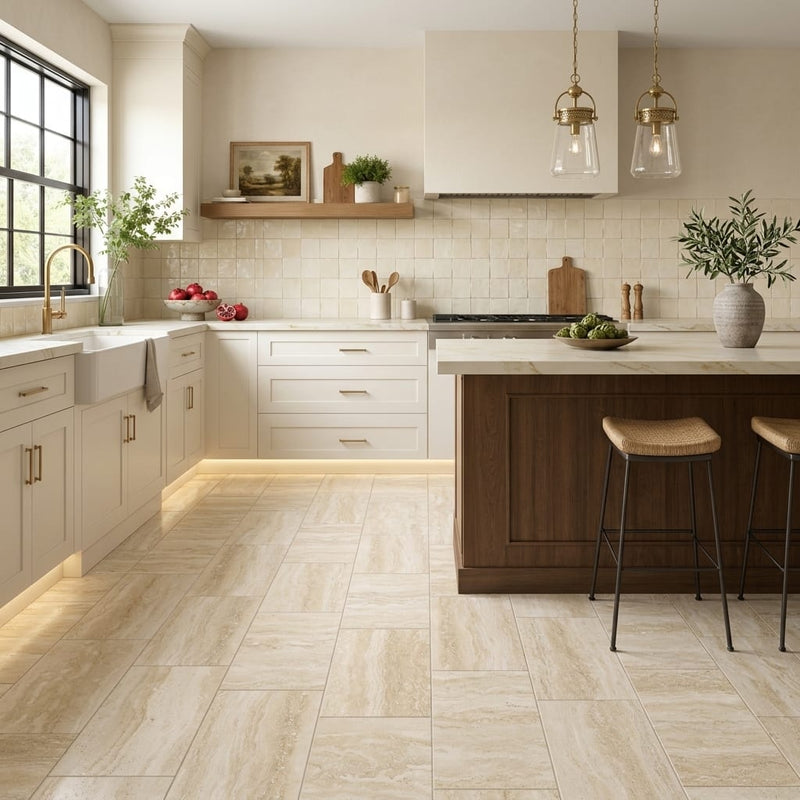 Ivory / Light Travertine 12x24 Cream Filled & Honed Tile — Kitchen floor