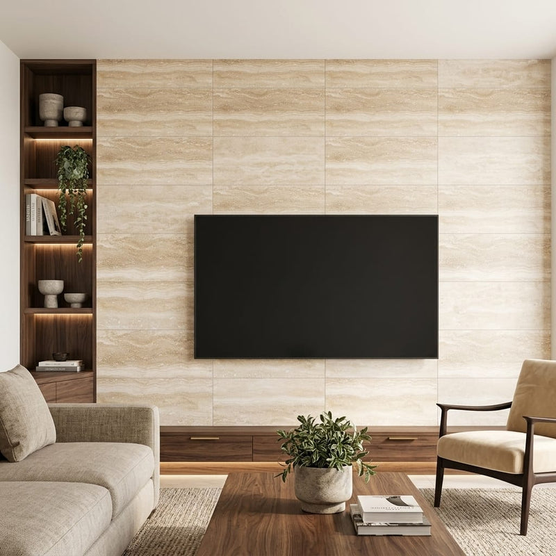 Ivory / Light Travertine 12x24 Cream Filled & Honed Tile — Living Room feature wall
