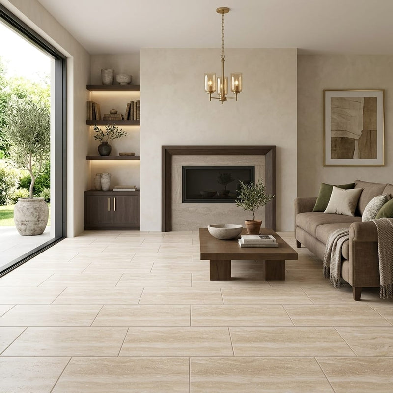 Ivory / Light Travertine 12x24 Cream Filled & Honed Tile — Living Room floor