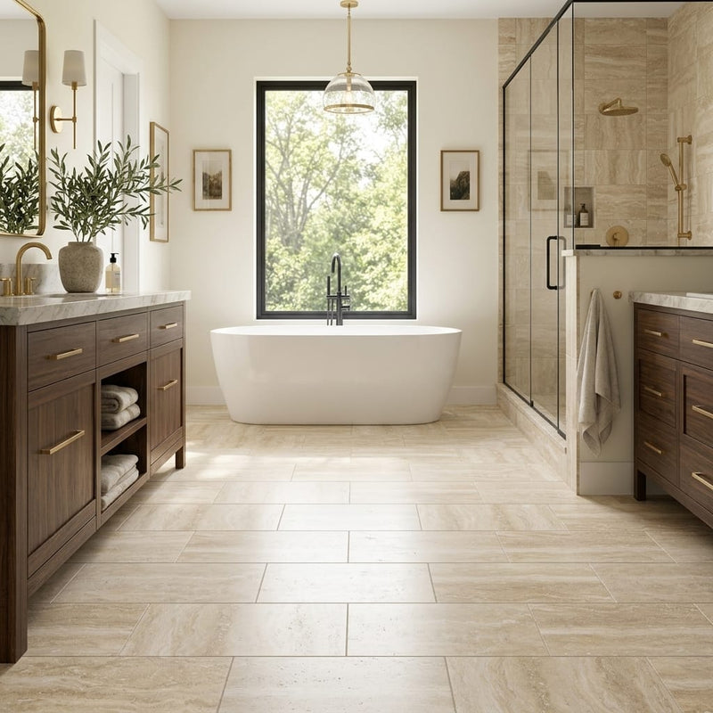 Ivory / Light Travertine 12x24 Cream Filled & Honed Tile — Primary Bath floor