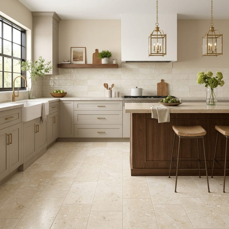 Ivory / Light Travertine 12x24 Cream Filled & Honed Tile — Kitchen floor