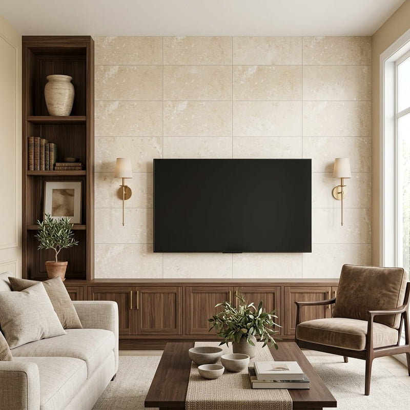 Ivory / Light Travertine 12x24 Cream Filled & Honed Tile — Living Room feature wall