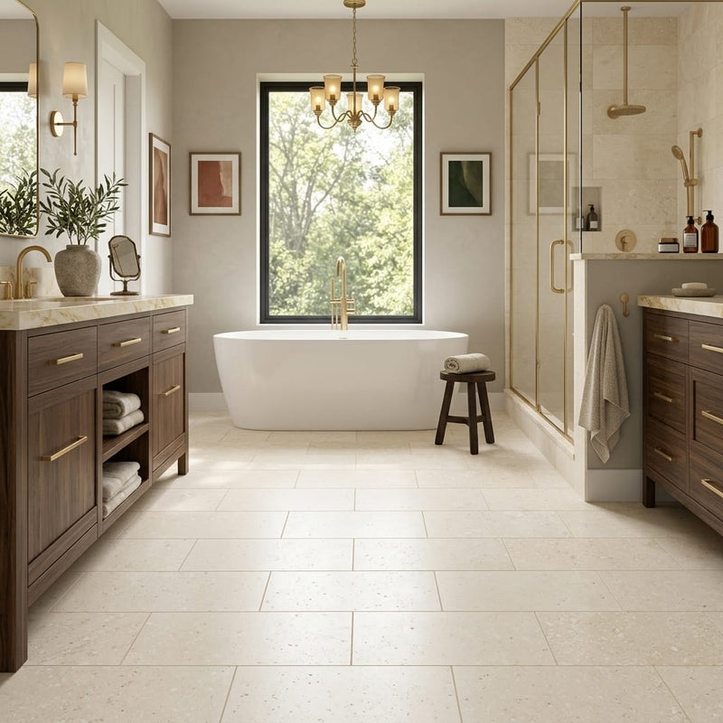 Ivory / Light Travertine 12x24 Cream Filled & Honed Tile — Primary Bath floor