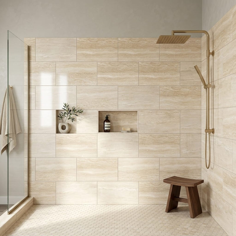 Ivory / Light Travertine 12x24 Cream Filled & Polished Tile — Bathroom shower wall