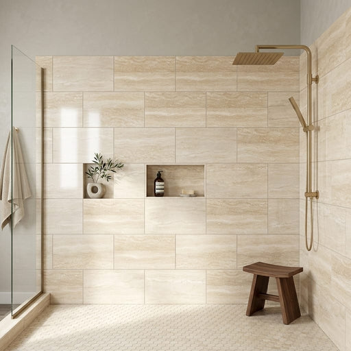 Ivory / Light Travertine 12x24 Cream Filled & Polished Tile — Bathroom shower wall